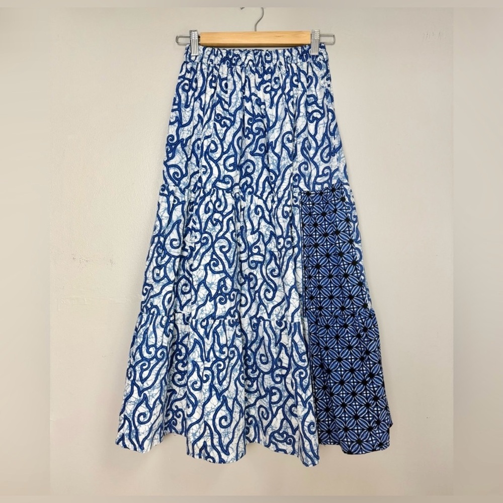 Batik Blue and White Tiered Full Midi Skirt - S/M